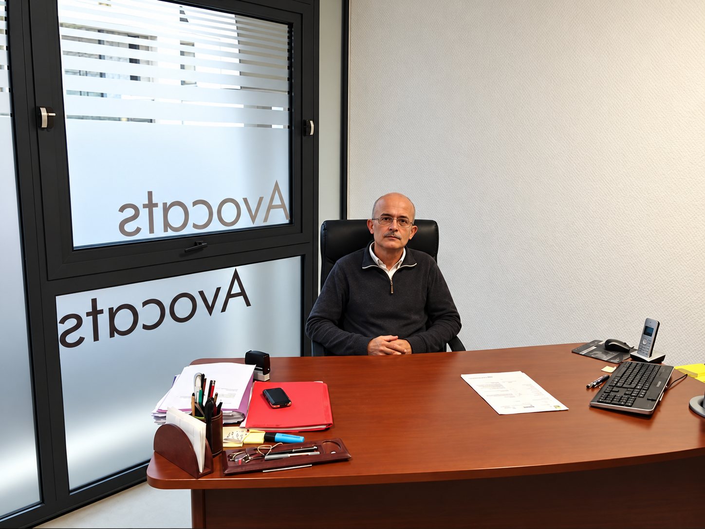 Un homme chauve à lunettes est assis derrière un bureau en bois dans un cabinet d’avocats, devant des vitres portant le mot Avocats.
